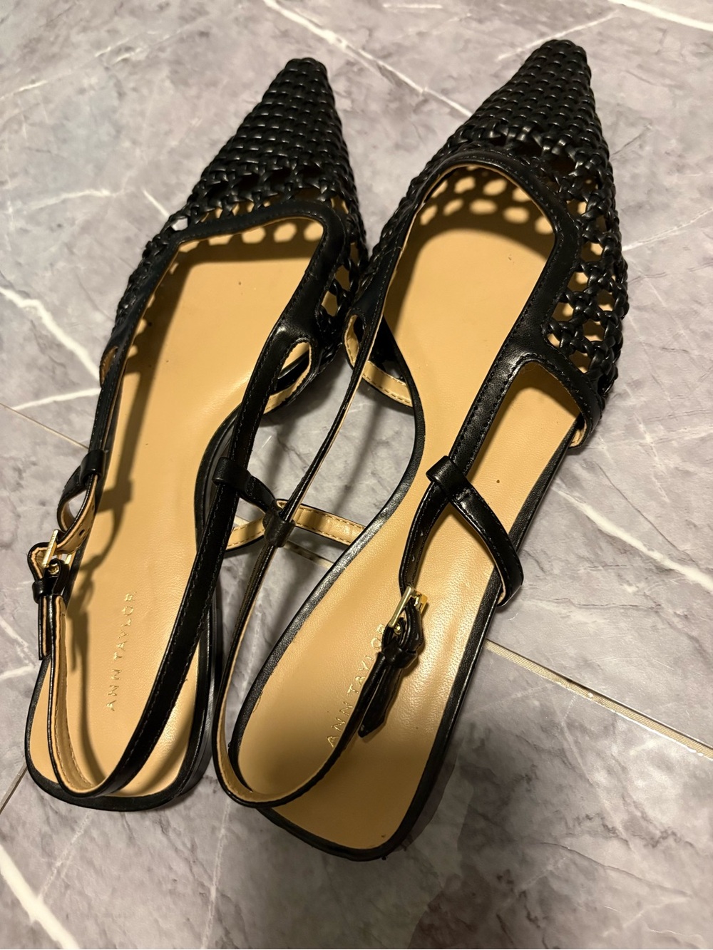 Ann Taylor Black Woven Pointed-Toe Slingback Flats
